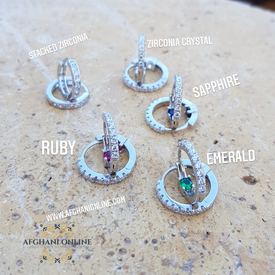 Silver 925 gemstones with cubic zirconia hoop earrings حلق احجار