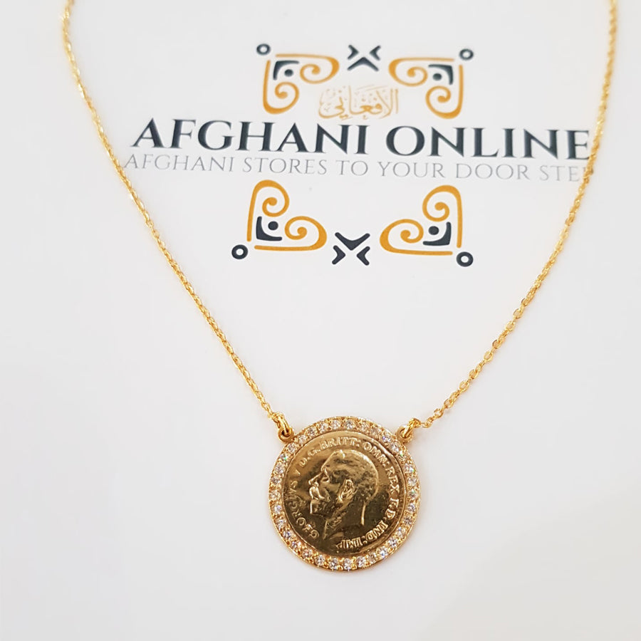 Sterling Silver English Coin Necklace with Zirconia gold coated