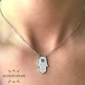 Hamsa necklace - Silver necklace - cubic zirconia - women silver necklace - sparkle pendant - afghani online - Jordan necklaces - الافغاني - سنسال فضة - سناسيل للبنات - تعليقة حجر زركون