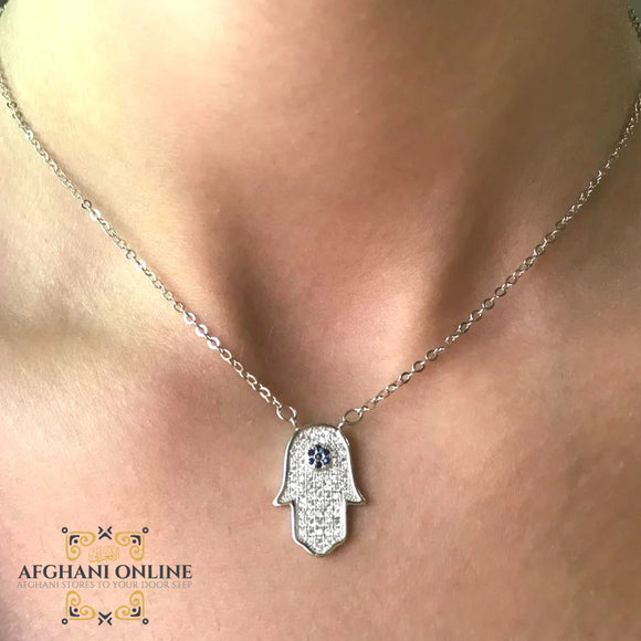 Hamsa necklace - Silver necklace - cubic zirconia - women silver necklace - sparkle pendant - afghani online - Jordan necklaces - الافغاني - سنسال فضة - سناسيل للبنات - تعليقة حجر زركون