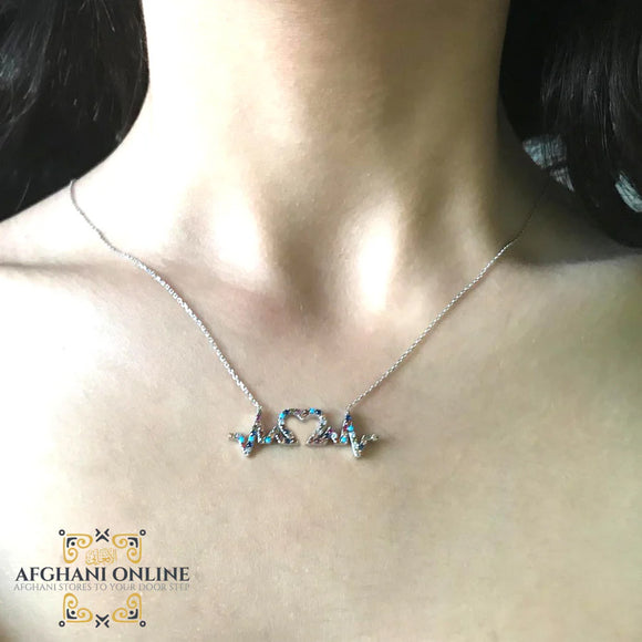 Heartbeat necklace - Silver necklace - cubic zirconia - women silver necklace - sparkle pendant - afghani online - Jordan necklaces - الافغاني - سنسال فضة - سناسيل للبنات - تعليقة حجر زركون