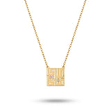 A gold chain necklace with a square pendant featuring a geometric 2 kufi arabic names cutout design and a small clear gemstone at the center, shown on a white background with a soft shadow.