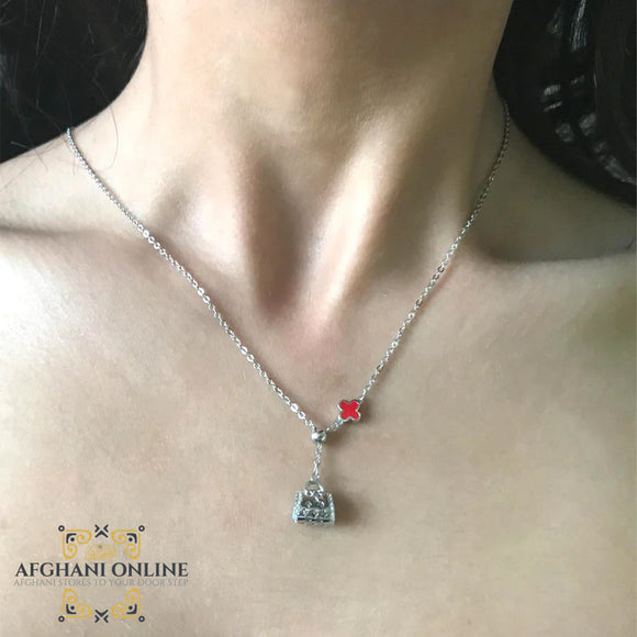 van cleef purse necklace - Silver necklace - cubic zirconia - women silver necklace - sparkle pendant - afghani online - Jordan necklaces - الافغاني - سنسال فضة - سناسيل للبنات - تعليقة حجر زركون