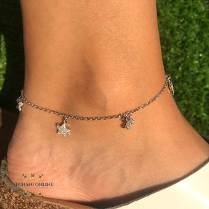 Silver Butterflies and Starfish  with zircons  charms anklet  خلخال  مع فراشات  مع  تشارم نجمة البحر فضة