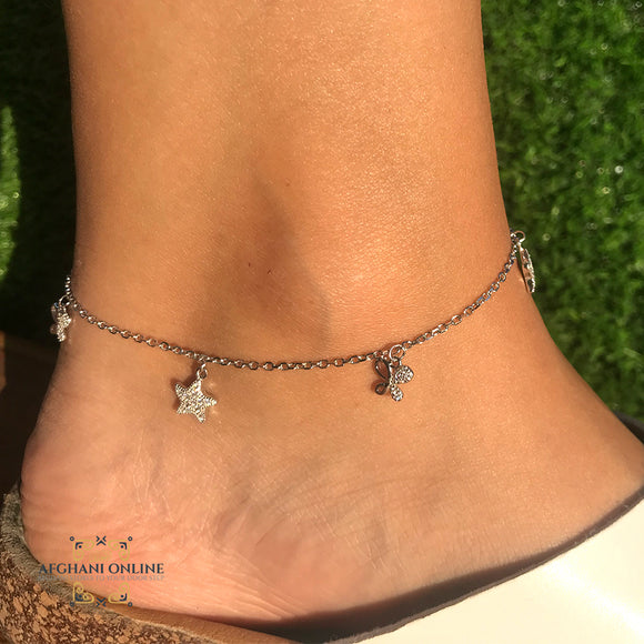 Silver Butterflies and Starfish  with zircons  charms anklet  خلخال  مع فراشات  مع  تشارم نجمة البحر فضة