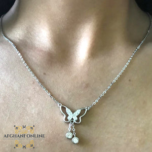 butterfly necklace - Silver necklace - cubic zircon - women silver necklace - sparkle pendant - afghani online - Jordan necklaces - الافغاني - سنسال فضة - سناسيل للبنات - تعليقة حجر زركون