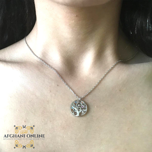 tree of life necklace - Silver necklace - cubic zircon - women silver necklace - sparkle pendant - afghani online - Jordan necklaces - الافغاني - سنسال فضة - سناسيل للبنات - تعليقة حجر زركون