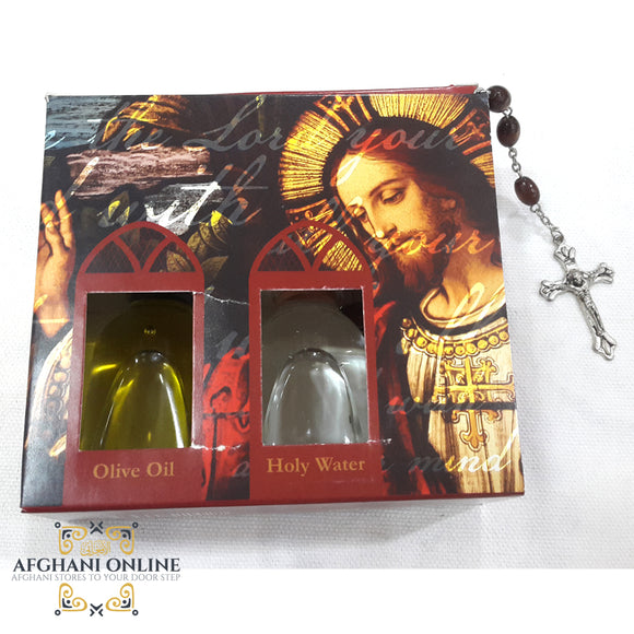 Holy Water, Holy Sand, Holy oil, Holy incense with wooden cross rosary type 1