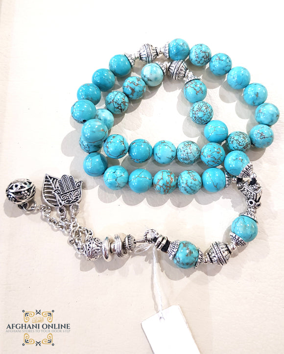 Turquoise gemstone rosary with silver 925 circle personalized engraving - Prayer beads with name - Islamic prayer Tasbih - Love quote in silver - Afghani online - Blue agate gemstone - custom prayer - custom misbaha - مسبحة حجر  فيروز مع تفصيل اسم - مسبحة فضة - مسبحة عقيق - مسبحة احجار كريمة - مسابح اسلامية فضة - الافغاني