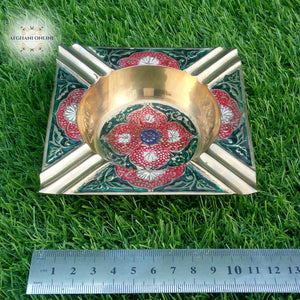 Brass - handmade - round - ashtray - inlaid - colorful enamel - oriental handicrafts - smoker - gifts - afghani online- Jordan Gifts - Palestine gifts - office gifts - الافغاني اونلاين - هدايا للمكتب - متكة نحاس - شغل يدوي - هدايا الاردن 