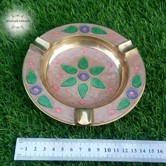 Brass - handmade - round - ashtray - inlaid - colorful enamel - oriental handicrafts - smoker - gifts - afghani online- Jordan Gifts - Palestine gifts - office gifts - الافغاني اونلاين - هدايا للمكتب - متكة نحاس - شغل يدوي - هدايا الاردن 