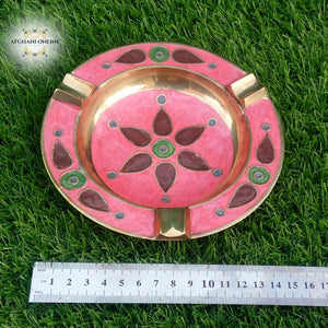 Brass - handmade - round - ashtray - inlaid - colorful enamel - oriental handicrafts - smoker - gifts - afghani online- Jordan Gifts - Palestine gifts - office gifts - الافغاني اونلاين - هدايا للمكتب - متكة نحاس - شغل يدوي - هدايا الاردن 