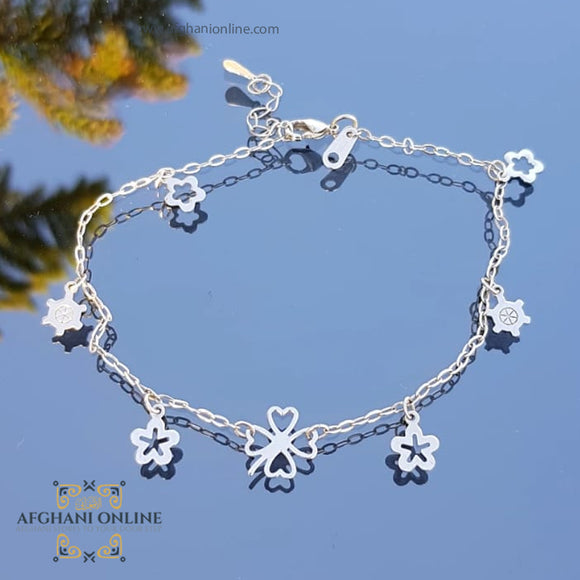 Silver four leaf clover with hearts charms anklet - afghani online - afghani Jordan - anklets in Amman - USA anklets - gifts for her - الافغاني - خلخال فور ليف كلوفر تشارم فضة