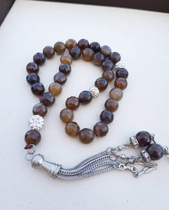 Prayer beads with name - agate rosary - USA rosary - Islamic prayer Tasbih - men gifts - Afghani online - agate gemstone - custom prayer beads - custom misbaha - مسبحة عقيق بني - إسم فضة مع مسبحة - مسبحة احجار كريمة - مسابح اسلامية فضة - الافغاني