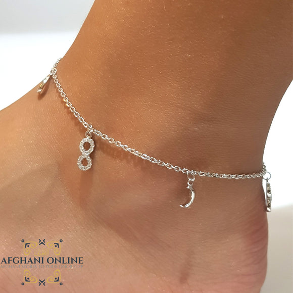 Silver anklet, 925 silver anklet, rhodium anklet, afghani online, afghani Amman, afghani Jordan, silver moon and infinity anklet, خلخال فضة, الافغاني عمان