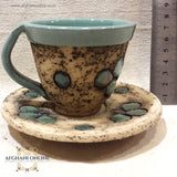 Handmade Ceramic - Islamic pottery art - Jordan Souvenirs and gifts - Arabian geometric art patterns - Arabian clay - Arabic stoneware - office and home decor - oriental pottery - Amman Gifts - coffee cup with plate - house gifts - Afghani online - سيراميك وفخار شرقي اسلامي - صحن مع فنجان - الافغاني - هدايا الأردن