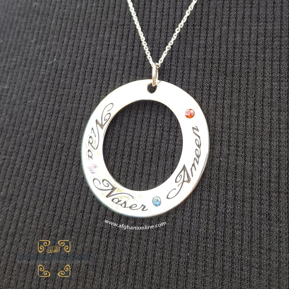 Circle necklace with names and zircon - Silver arabic name - silver necklace - Afghani online - customized necklace jewellery - personalized name necklace - Amman Silver - Jordan gifts - USA silver - الافغاني - تفصيل اسم دائري - سنسال اسم - هدايا فضة - توصيل حول العالم