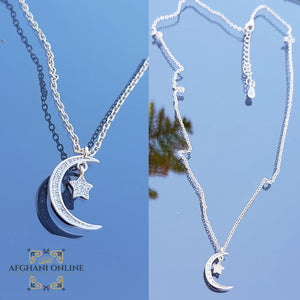 luxuries sterling silver crescent with a star charms chain necklace - trendy jewelry with cubic zirconia - Jordan silver - afghani Amman - layering necklace - USA trendy jewelry - best online jewelry shop - سنسال تشارم فضة هلال و نجمة - الأفغاني عمان