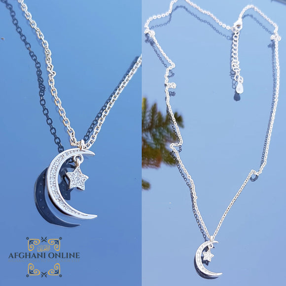 luxuries sterling silver crescent with a star charms chain necklace - trendy jewelry with cubic zirconia - Jordan silver - afghani Amman - layering necklace - USA trendy jewelry - best online jewelry shop - سنسال تشارم فضة هلال و نجمة - الأفغاني عمان