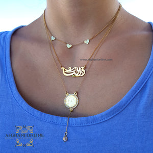 Name Necklace - silver customize - Dalia necklace - handmade silver - Afghani online - layered necklace - Arabic Name Necklace - UAE necklace - Jordan Necklace -coin necklace - 3 hearts - USA custom Jewelry - سنسال اسم - سنسال تفصيل - تفصيل اسم فضة مطلي ذهب - عملة مع زركون - الافغاني 