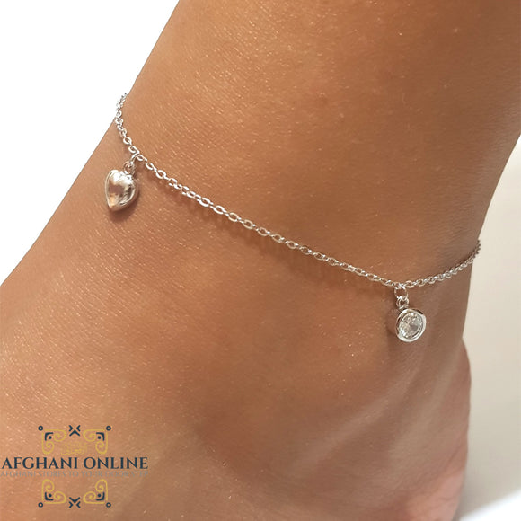 Silver hearts anklet, 925 silver anklet, rhodium anklet, afghani online, afghani Amman, afghani Jordan, silver cubic zircon circles anklet, خلخال فضة, الافغاني عمان