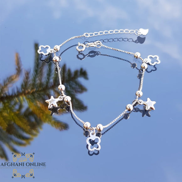 Silver four leaf clover with stars charms bracelet