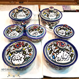 ceramic - oil pot - honey pot - makdous pot - yoghurt pot - jam pot cheese pot - handmade Palestine ceramic - set of 7 -Jordan -Afghani online - handmade ceramics - سيراميك يدوي زيت وزعتر - لبنة - زيتون - مربى - عسل -مقدوس - لبنة - الافغاني - الاردن - فلسطين