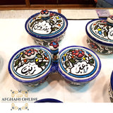 ceramic - oil pot - honey pot - makdous pot - yoghurt pot - jam pot cheese pot - handmade Palestine ceramic - set of 7 -Jordan -Afghani online - handmade ceramics - سيراميك يدوي زيت وزعتر - لبنة - زيتون - مربى - عسل -مقدوس - لبنة - الافغاني - الاردن - فلسطين