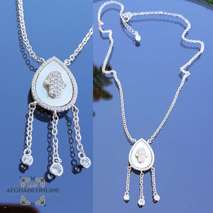 Luxury sterling silver Hamsa protection necklace - trendy jewelry with cubic zirconia - Jordan silver - afghani Amman - layering necklace - USA trendy jewelry - best online jewelry shop - سنسال كف همسة فضة - الأفغاني عمان