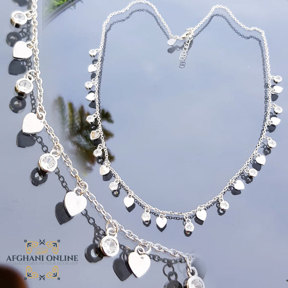 sterling silver Charm hearts chain necklace - trendy jewelry with cubic zirconia stones - Jordan silver - afghani Amman - layering necklace - USA trendy jewelry - best online jewelry shop -  سنسال تشارم قلوب فضة - الأفغاني عمان