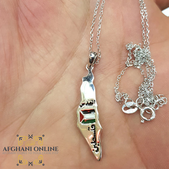 Palestine silver pendant colored, Palestinian necklace, Palestinian gift for men, map of Palestine, afghani Jordan, afghani Palestine,   خارطة فلسطين سنسال , سنسال فلسطين فضة مع مينا. الافغاني. الاردن و فلسطين, هدايا فلسطين,  