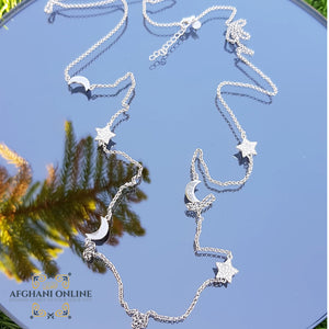 sterling silver crescent and stars long chain necklace - trendy jewelry with zircons - Jordan silver - afghani amman - layering necklace - USA trendy jewelry - best online jewelry shop - سنسال طويل هلال ونجوم فضة - الأفغاني عمان