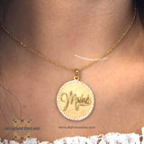 Treasure disc name plate necklace - luxury custom necklace - 3D disc round Name Necklace - silver customize - trend - trendy jewelry - gold coated necklace - collar personalizado - handmade silver - Afghani online - custom English necklace - Arabic Name Necklace - UAE custom necklace - Jordan Necklace - Qatar Jewelry - 3D disc name with zirconia - USA custom Jewelry - سنسال اسم نافر دائرة - سنسال تفصيل - تفصيل اسم فضة مطلي ذهب - تفصيل اسم مع زركون - الافغاني