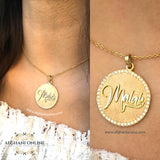 Treasure disc name plate necklace - luxury custom necklace - 3D disc round Name Necklace - silver customize - trend - trendy jewelry - gold coated necklace - collar personalizado - handmade silver - Afghani online - custom English necklace - Arabic Name Necklace - UAE custom necklace - Jordan Necklace - Qatar Jewelry - 3D disc name with zirconia - USA custom Jewelry - سنسال اسم نافر دائرة - سنسال تفصيل - تفصيل اسم فضة مطلي ذهب - تفصيل اسم مع زركون - الافغاني