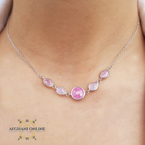 sterling silver pink rose quartz gemstones chain necklace - trendy jewelry with zircons - Jordan silver - afghani amman - layering necklace - USA trendy jewelry - best online jewelry shop -  سنسال روز كوارتز زهري فضة - الأفغاني عمان