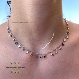 sterling silver stars charms chain necklace - gift for her - birthday jewelry gift - trendy jewelry with cubic zirconia - Jordan silver - afghani Amman - layering necklace - USA trendy jewelry - best online jewelry shop - سنسال تشارم فضة نجوم - الأفغاني عمان