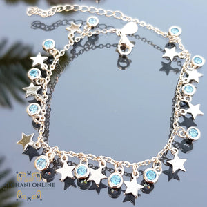sterling silver Charm Stars chain bracelet - trendy jewelry with Aquamarine gemstones - Jordan silver - afghani Amman - Trendy accessories - USA trendy jewelry - best online jewelry shop - أسوارة تشارم نجوم فضة - الأفغاني عمان