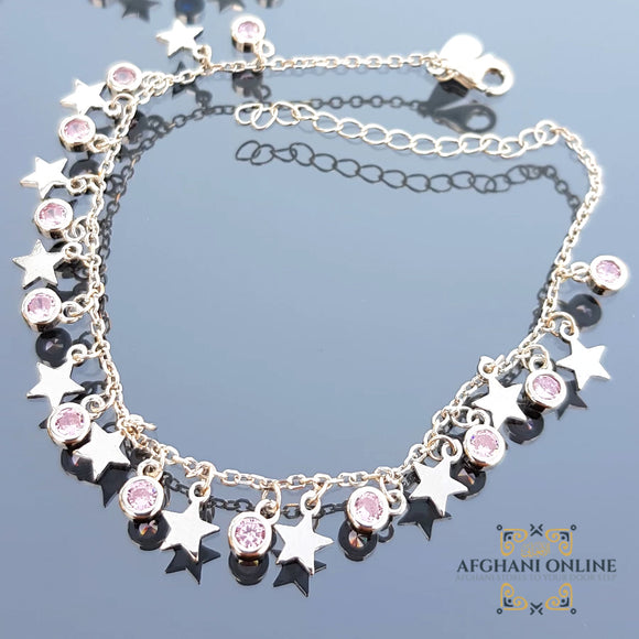 sterling silver Charm Stars chain bracelet - trendy jewelry with Rose quartz gemstones - Jordan silver - afghani Amman - Trendy accessories - USA trendy jewelry - best online jewelry shop - أسوارة تشارم نجوم فضة - الأفغاني عمان