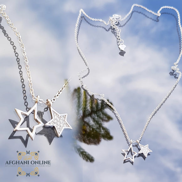 sterling silver Stars chain necklace - trendy jewelry with zircons - Jordan silver - afghani Amman - layering necklace - USA trendy jewelry - best online jewelry shop - سنسال نجوم فضة - الأفغاني عمان