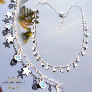 sterling silver stars charms chain necklace - gift for her - birthday jewelry gift - trendy jewelry with cubic zirconia - Jordan silver - afghani Amman - layering necklace - USA trendy jewelry - best online jewelry shop - سنسال تشارم فضة نجوم - الأفغاني عمان