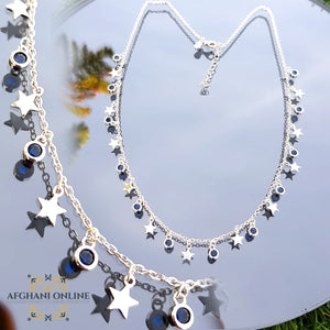 sterling silver stars charms chain necklace - gift for her - birthday jewelry gift - trendy jewelry with cubic zirconia - Jordan silver - afghani Amman - layering necklace - USA trendy jewelry - best online jewelry shop - سنسال تشارم فضة نجوم - الأفغاني عمان