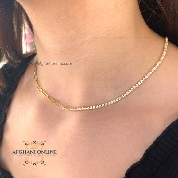 sterling silver gold plated Tennis chain necklace - trendy jewelry - layering necklace - USA trendy jewelry - best online jewelry shop - سنسال تنس فضة مطلي ذهب - الأفغاني