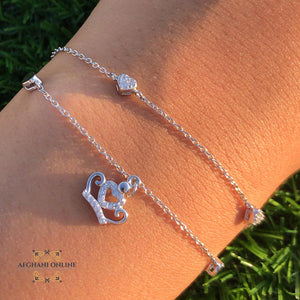 Charm Silver crown & hearts Bracelet with zircons stones اسوارة فضة تاج و قلوب مع زركون