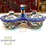 ceramic - oil pot - honey pot - makdous pot - yoghurt pot - jam pot cheese pot - handmade Palestine ceramic - set of 7 -Jordan -Afghani online - handmade ceramics - سيراميك يدوي زيت وزعتر - لبنة - زيتون - مربى - عسل -مقدوس - لبنة - الافغاني - الاردن - فلسطين